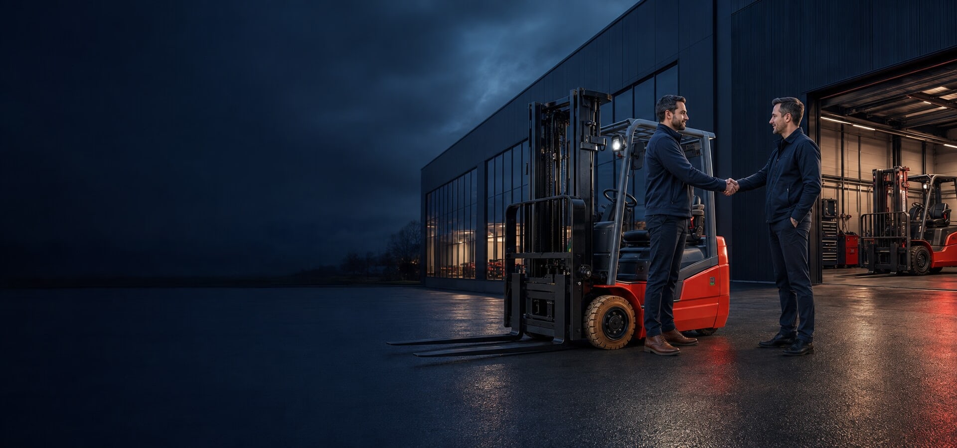 Business partners discussing HELI material-handling solutions