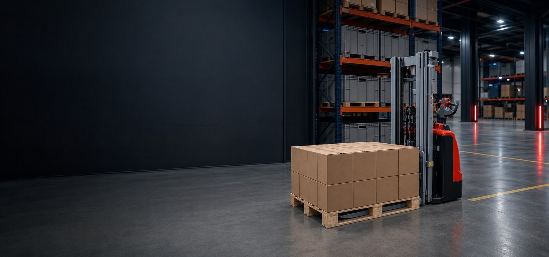 HELI stacker with a pallet of cartons in a retail warehouse