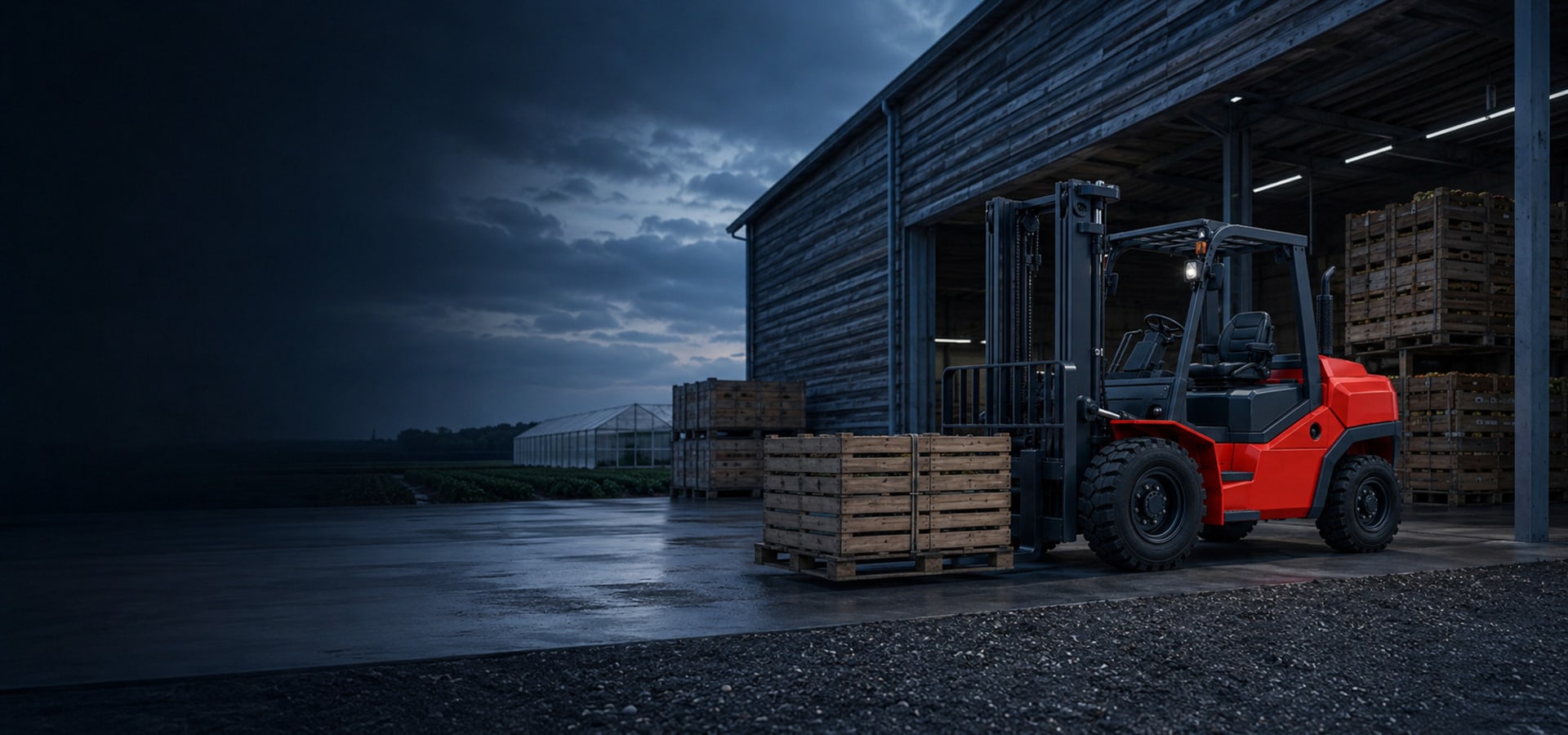 HELI rough-terrain forklift with wooden crates at an agricultural warehouse