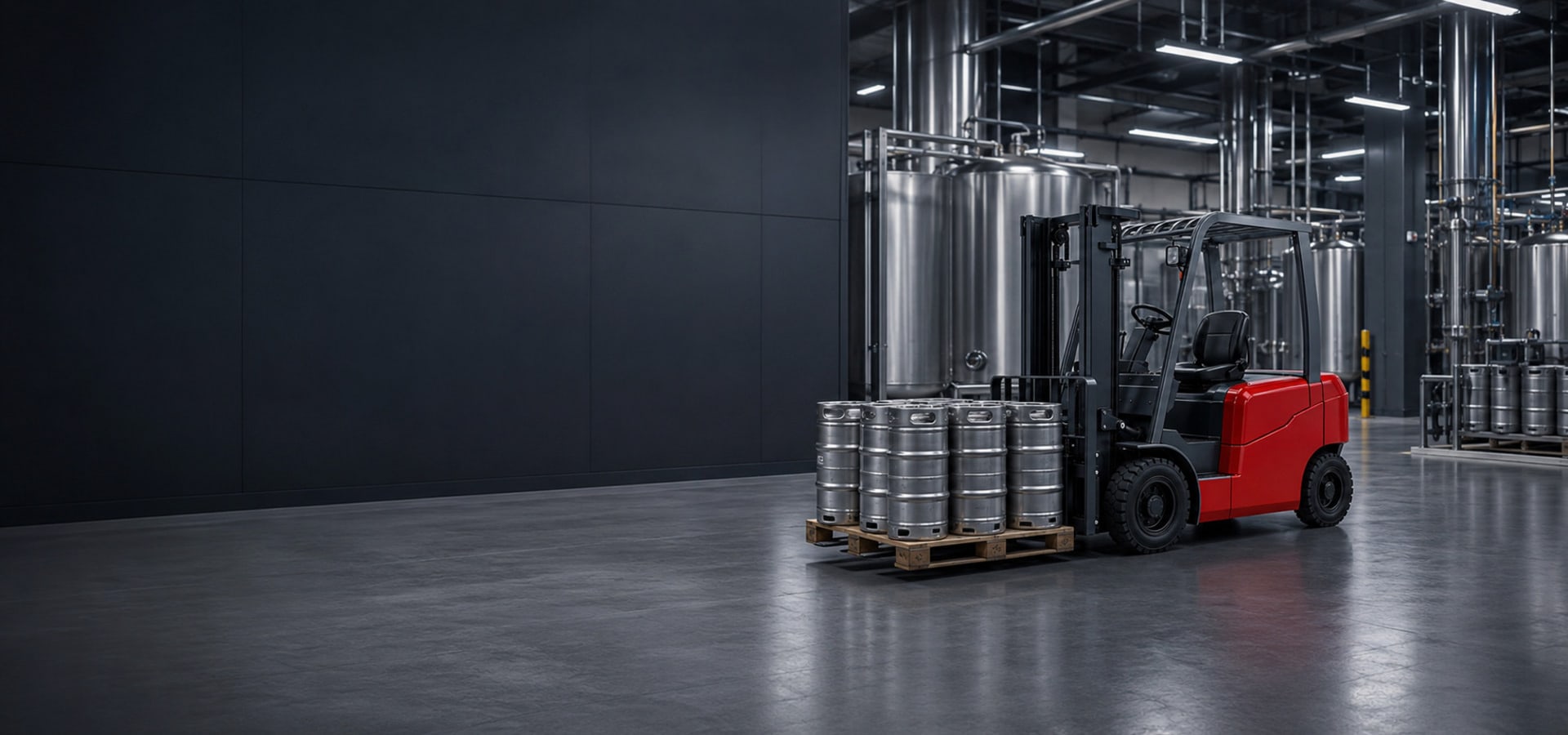 HELI forklift transporting beverage kegs in a bottling facility