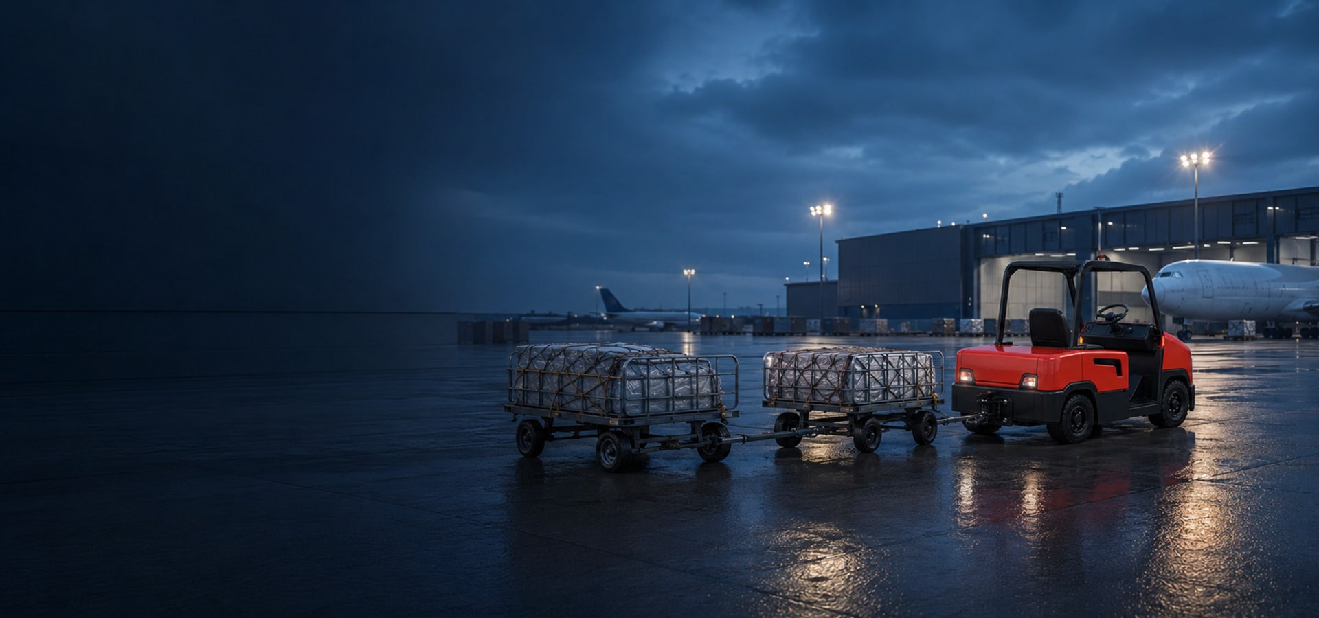 HELI-Schlepper mit Gepäckwagen auf einem Flughafenvorfeld