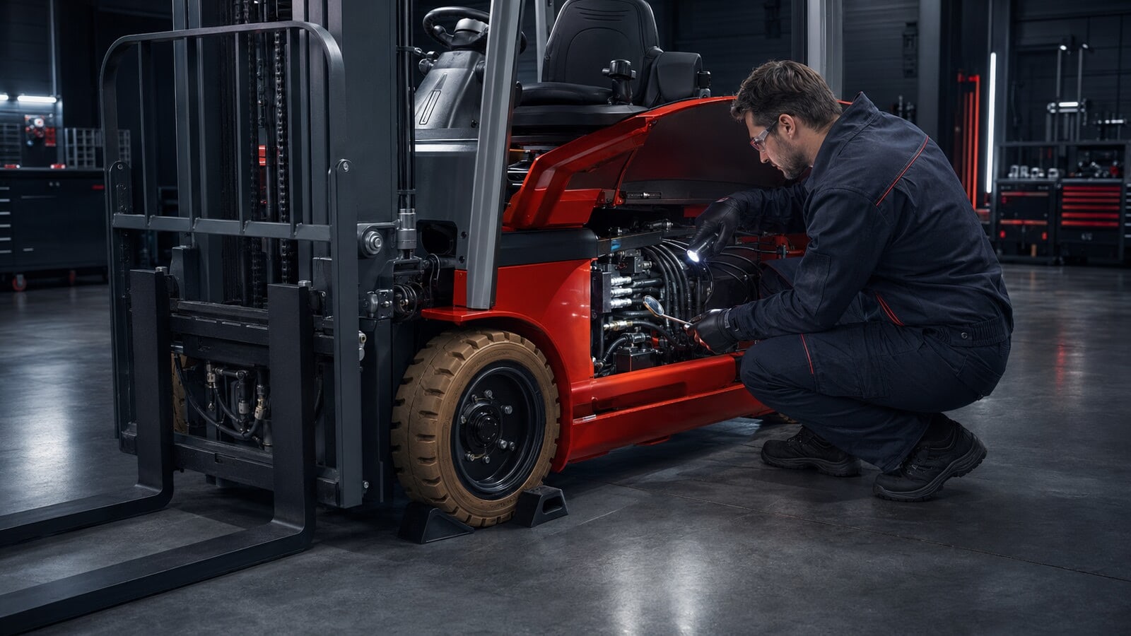 Technician inspecting a HELI industrial truck as part of after-sales service